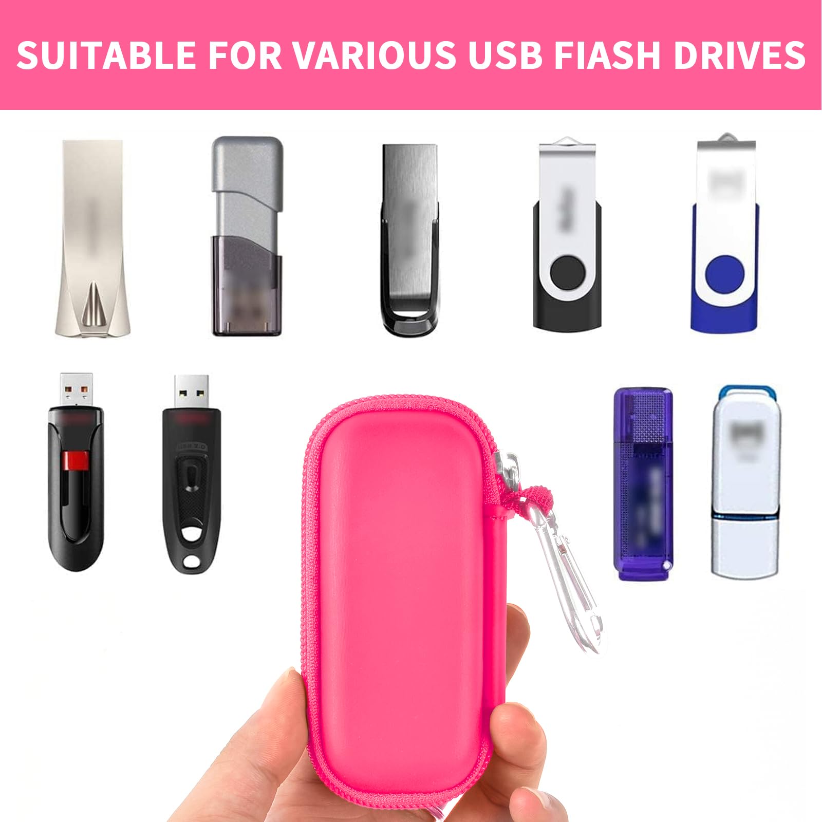 Hot pink USB flash drive and SD card storage case compatibility with assorted USB flash drives