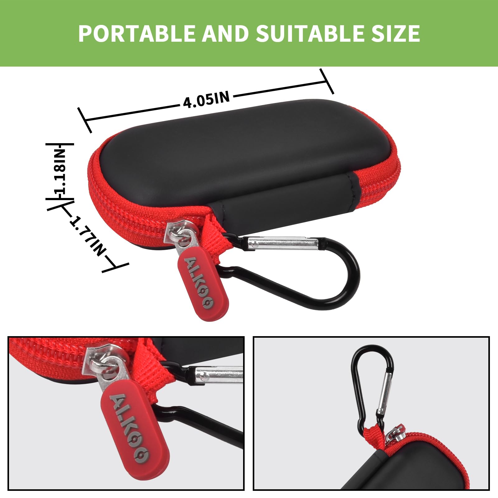 Black and red USB flash drive and SD card storage case compact dimensions and carabiner detail