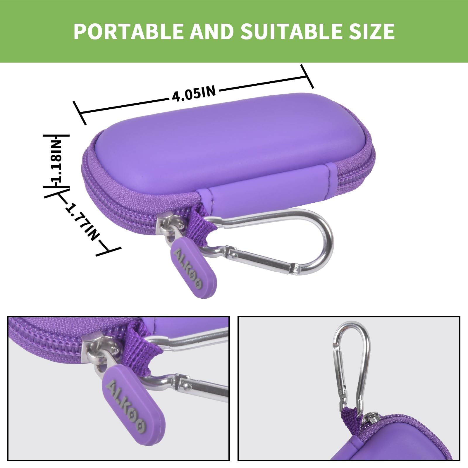 Purple USB flash drive and SD card storage case compact dimensions and carabiner detail