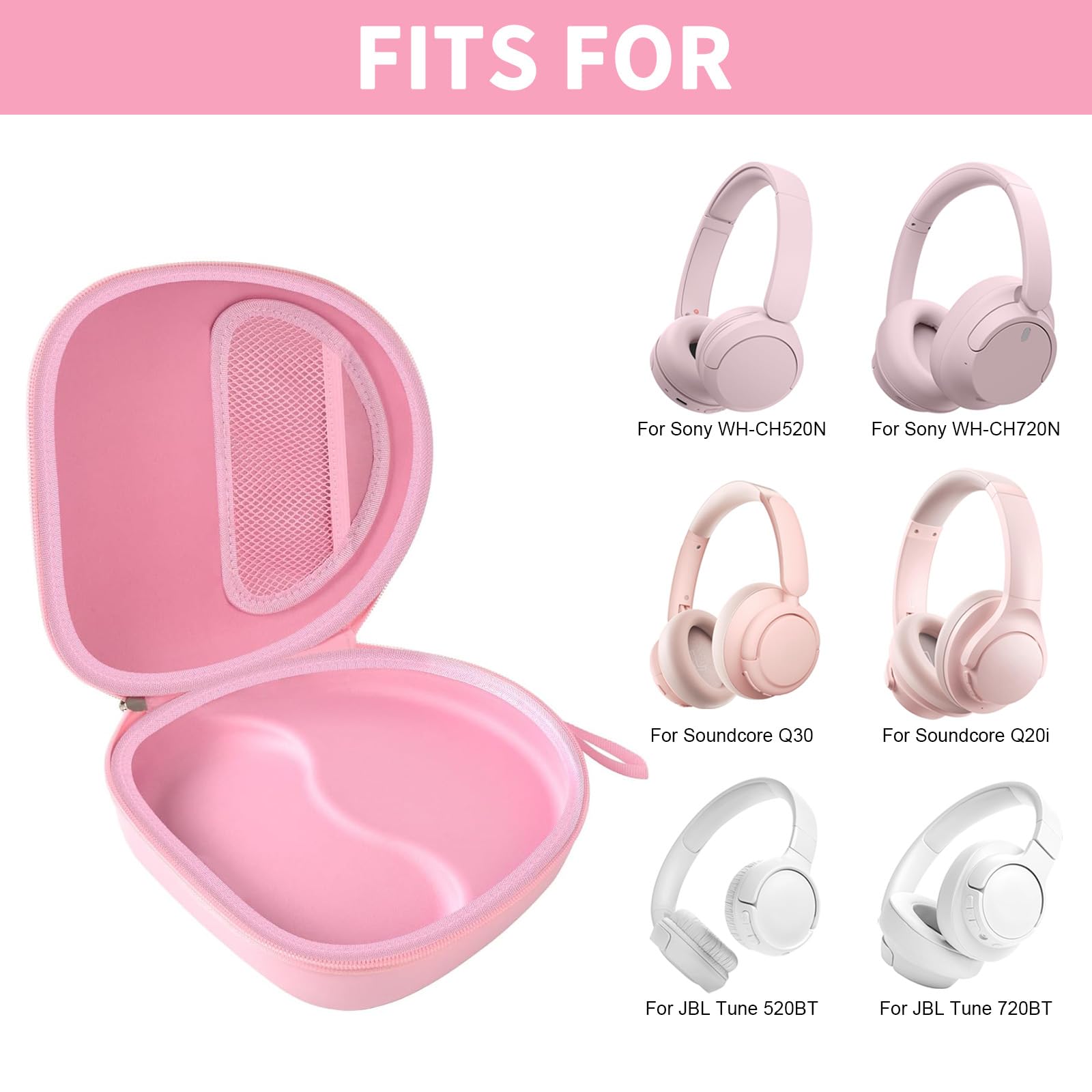 Open pink headphone case shown with compatible Sony and JBL over-ear headphones