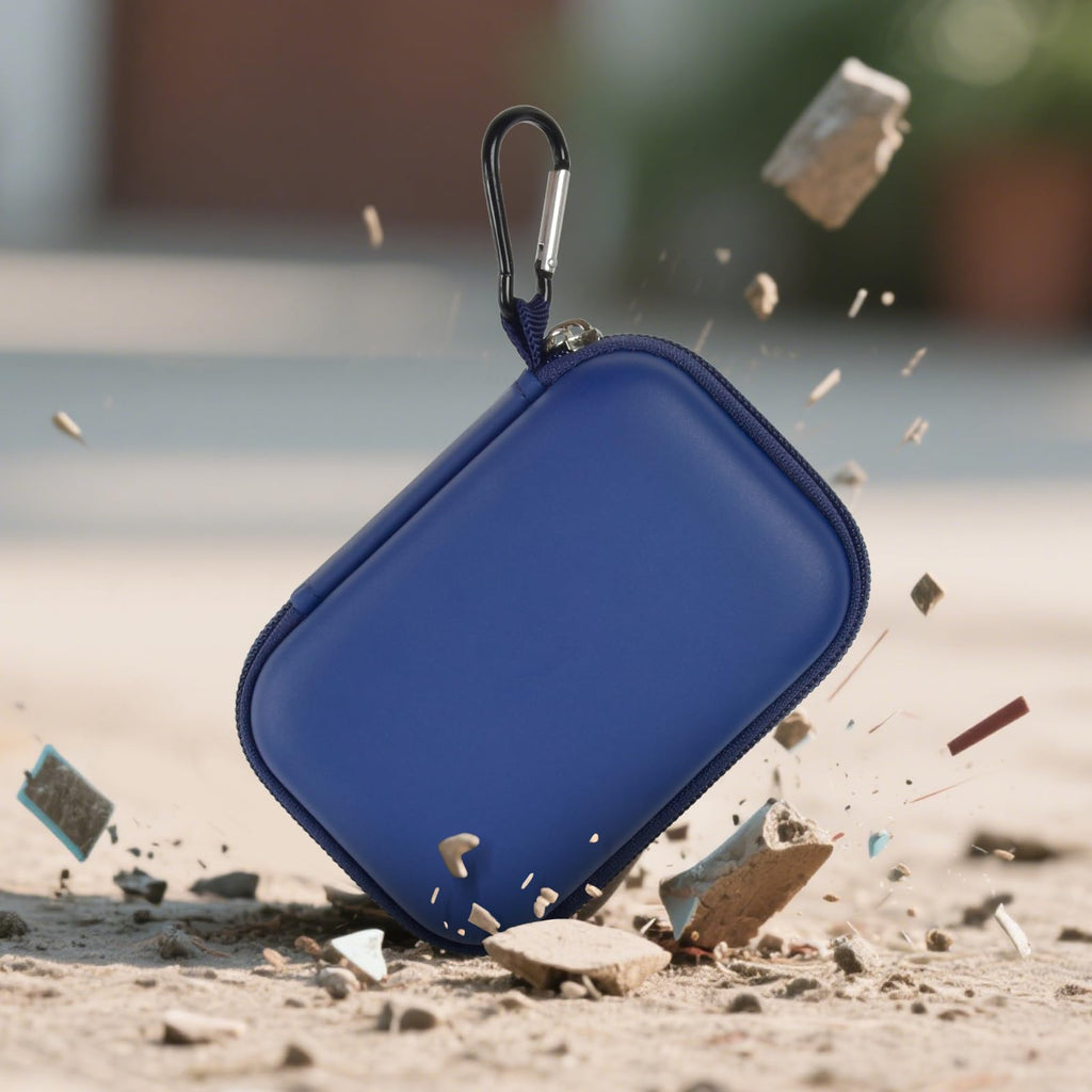 Blue hard-shell SSD case demonstrating impact-resistant protection