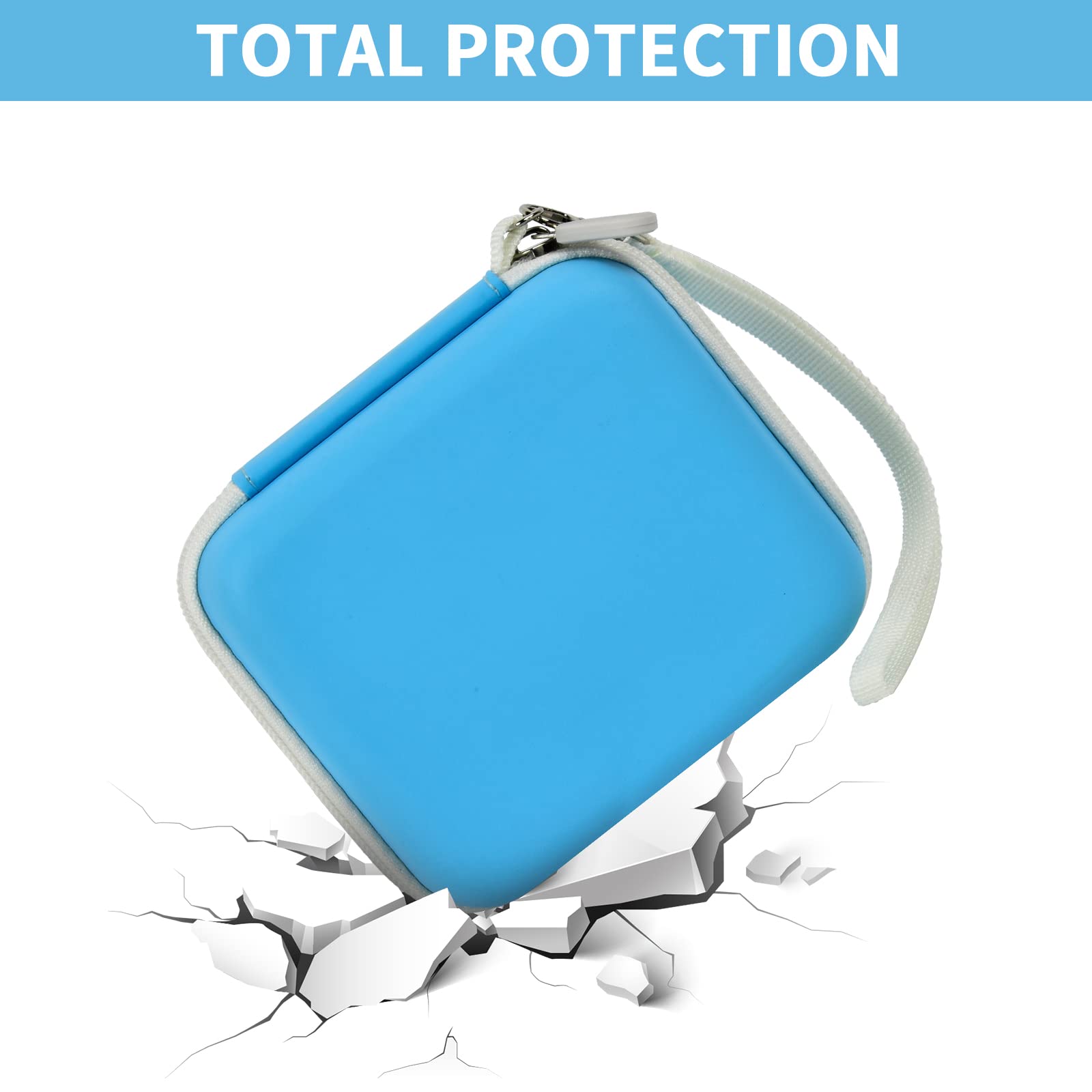 Blue kids instant print camera case hard shell impact protection demonstration