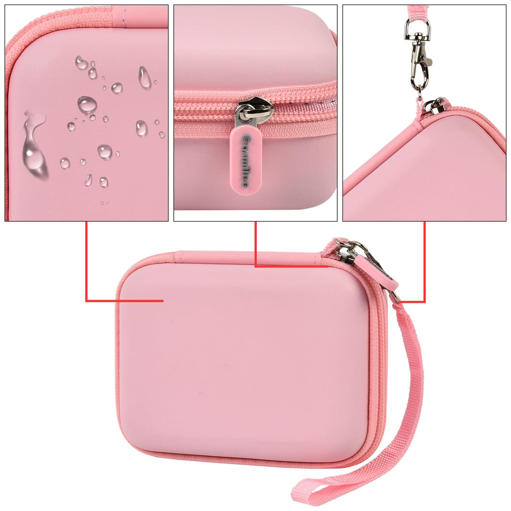 Light pink mini power bank case with protective shell, zipper, and carabiner details
