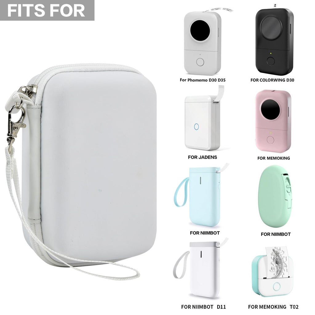 White label maker case shown with several compatible Phomemo and NIIMBOT mini printers