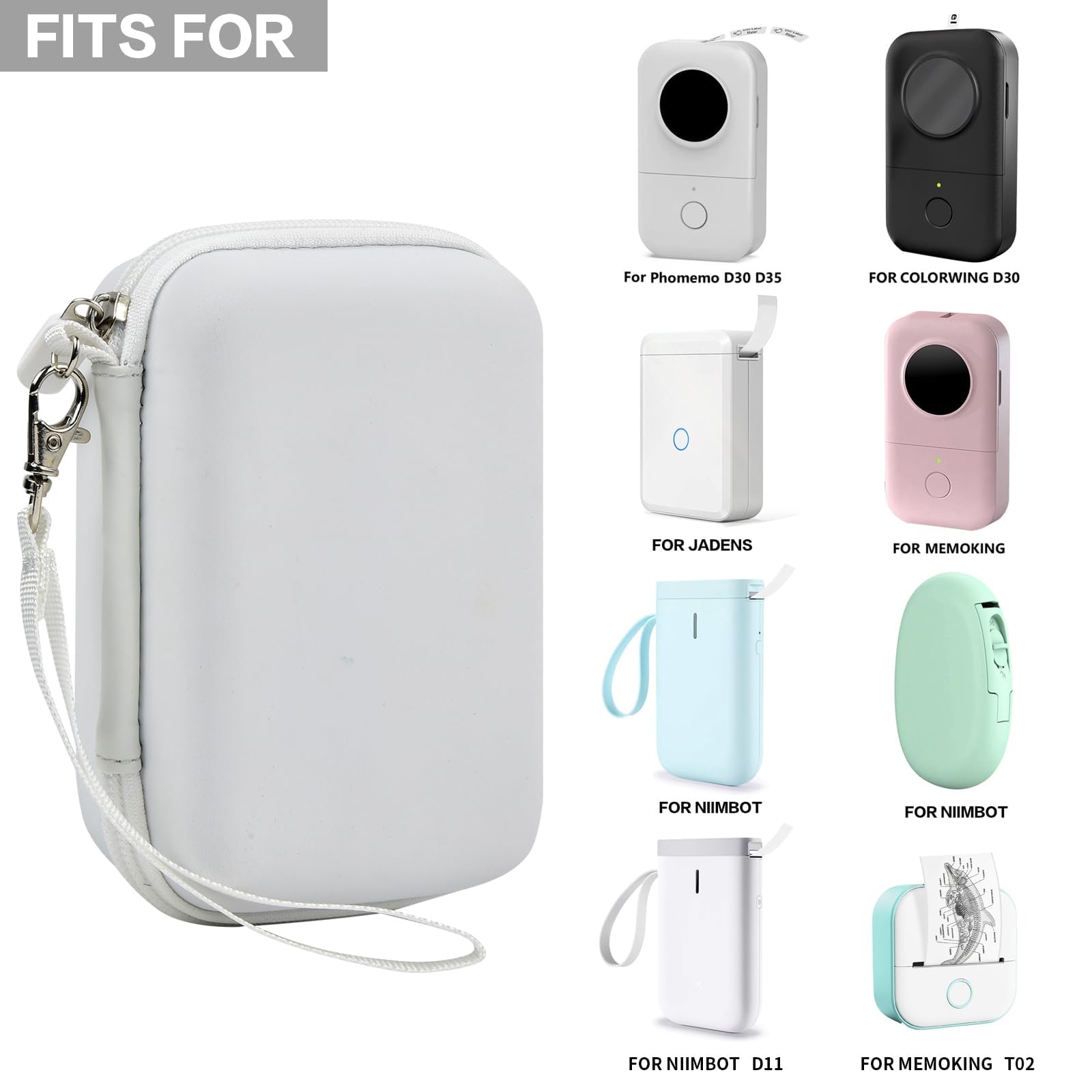 White label maker case shown with several compatible Phomemo and NIIMBOT mini printers