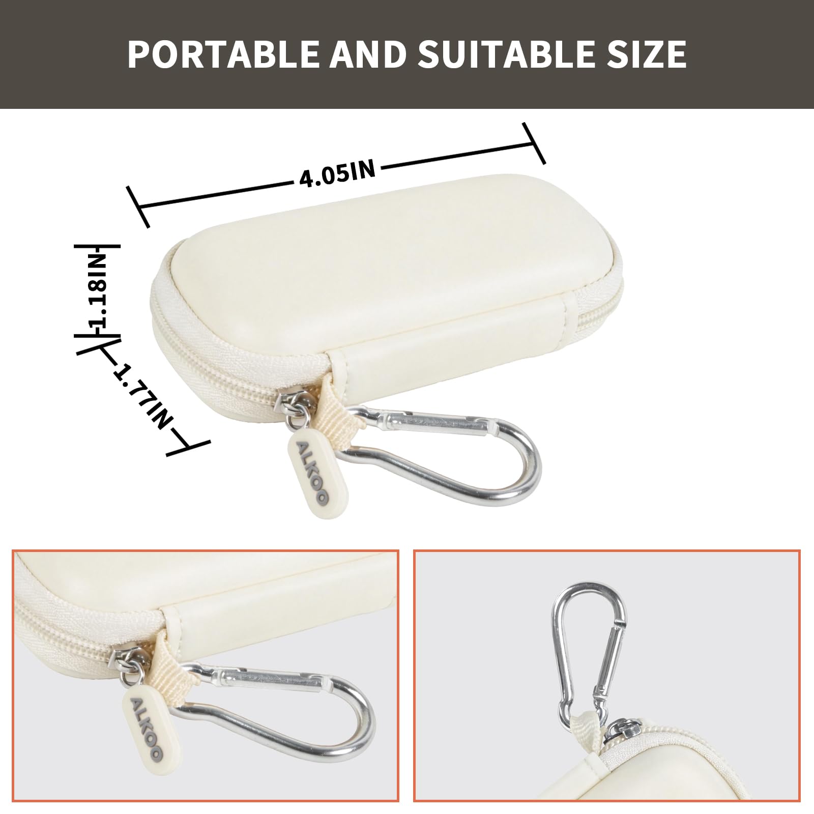 White USB flash drive and SD card storage case compact dimensions and carabiner detail