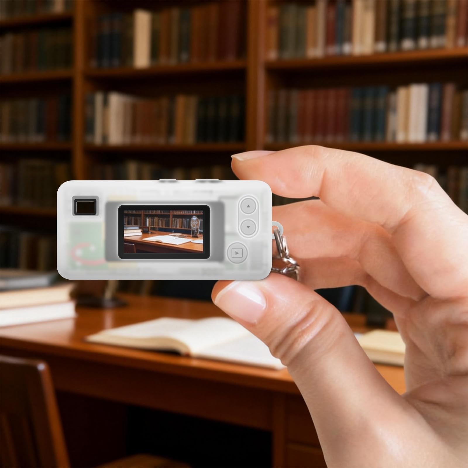Clear white silicone case for Kodak Charmera keychain camera shown on the camera while taking a photo indoors