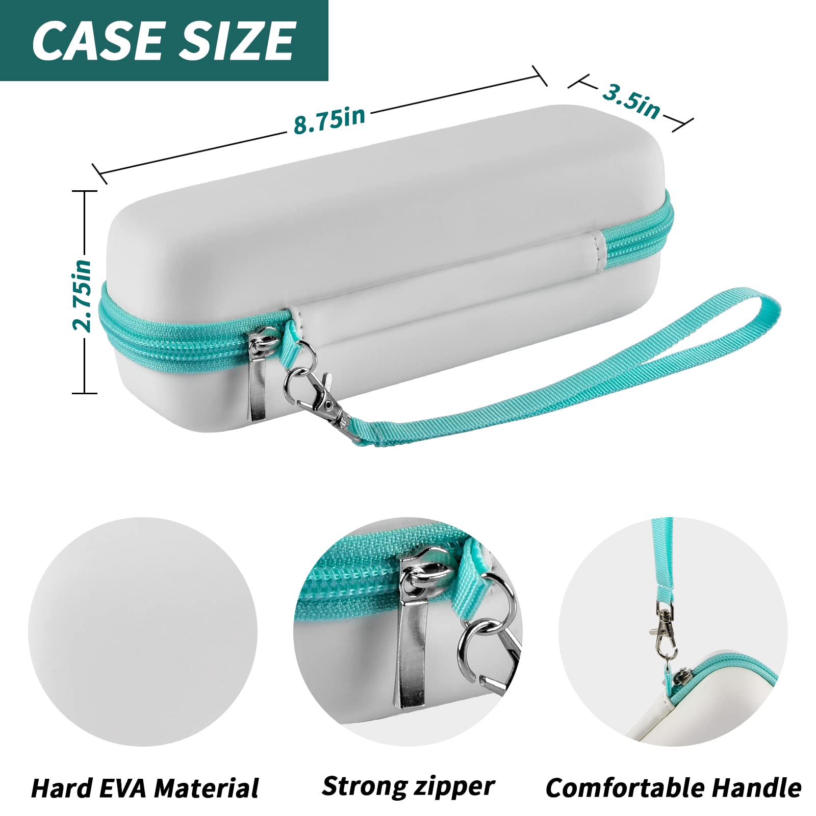 Teal electric toothbrush case dimensions with hard EVA shell and wrist strap