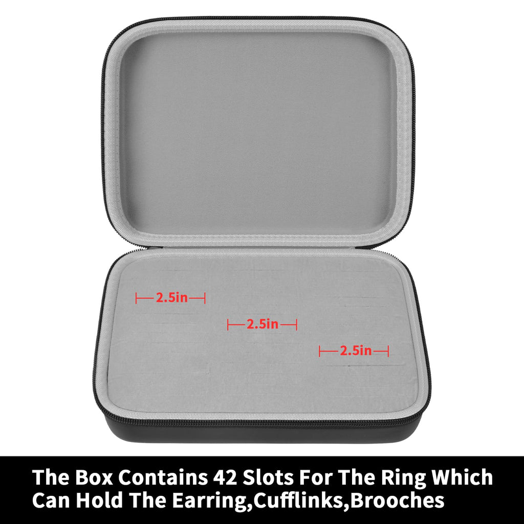 Open gray jewelry organizer showing 42 padded slots for rings and small accessories