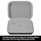 Open gray jewelry organizer showing 42 padded slots for rings and small accessories
