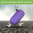 Purple USB flash drive and SD card storage case drop-protection demonstration