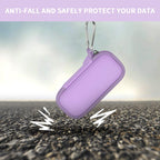 Lavender USB flash drive and SD card storage case drop-protection demonstration