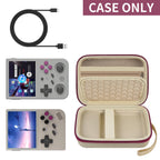 Beige with burgundy trim retro handheld console carrying case shown open with compatible retro handheld consoles and cable