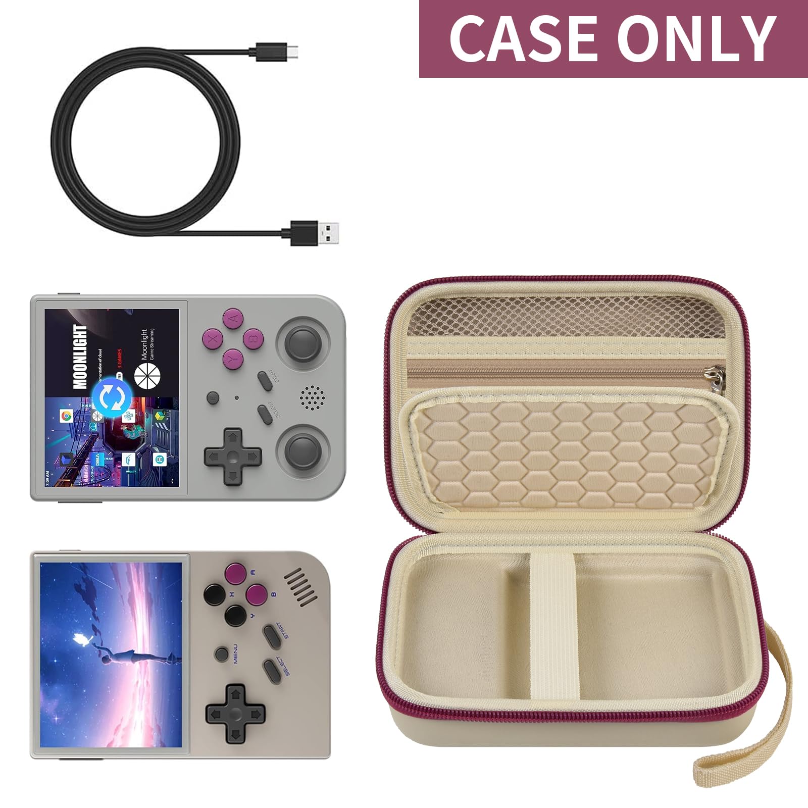 Beige with burgundy trim retro handheld console carrying case shown open with compatible retro handheld consoles and cable