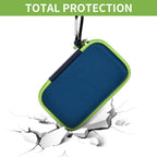 Navy and green SanDisk SSD case demonstrating total impact and water-resistant protection