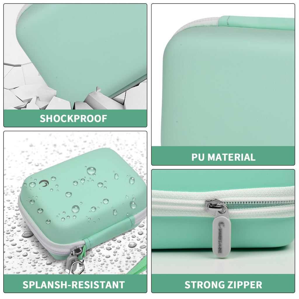 Mint green camera case with shockproof PU shell, splash resistance, and strong zipper