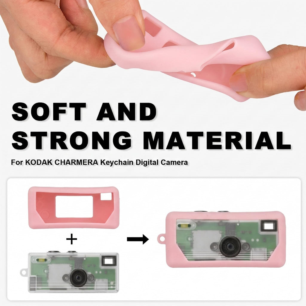 Light pink silicone case for Kodak Charmera keychain camera soft, flexible material demonstration