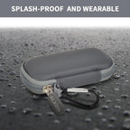 Dark gray USB flash drive and SD card storage case splash-resistant exterior demonstration