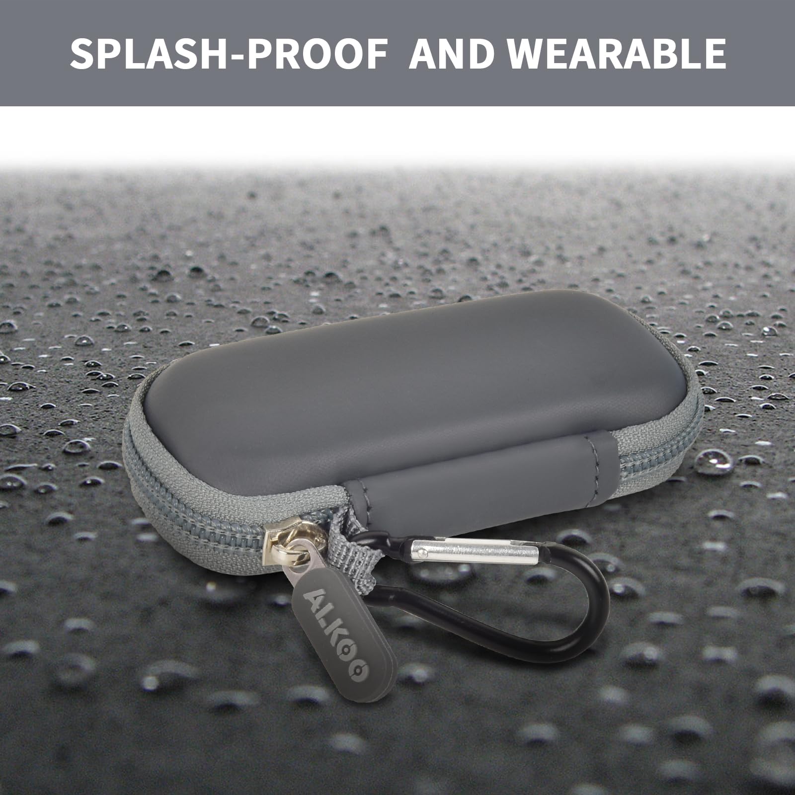 Dark gray USB flash drive and SD card storage case splash-resistant exterior demonstration