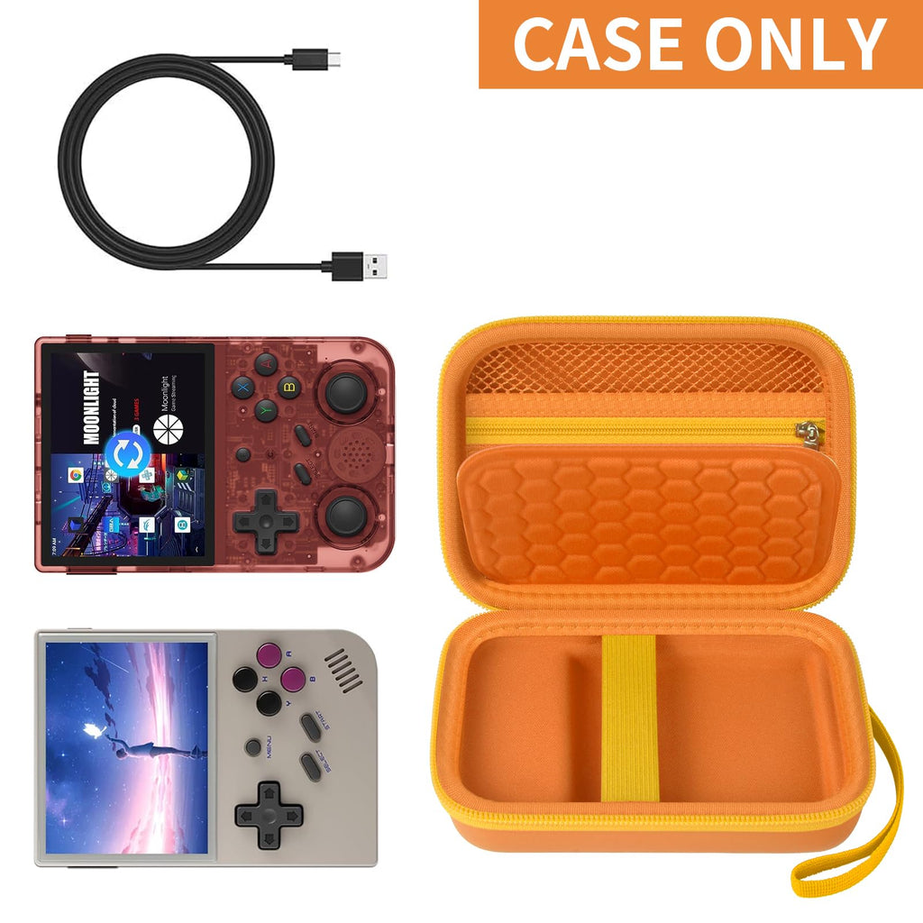 Orange retro handheld console carrying case shown open with compatible retro handheld consoles and cable