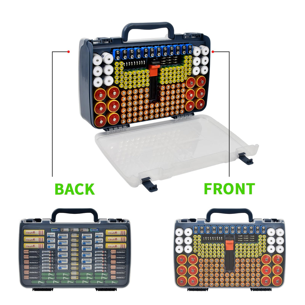 Navy blue 269-slot battery organizer case double-sided front and back storage layout