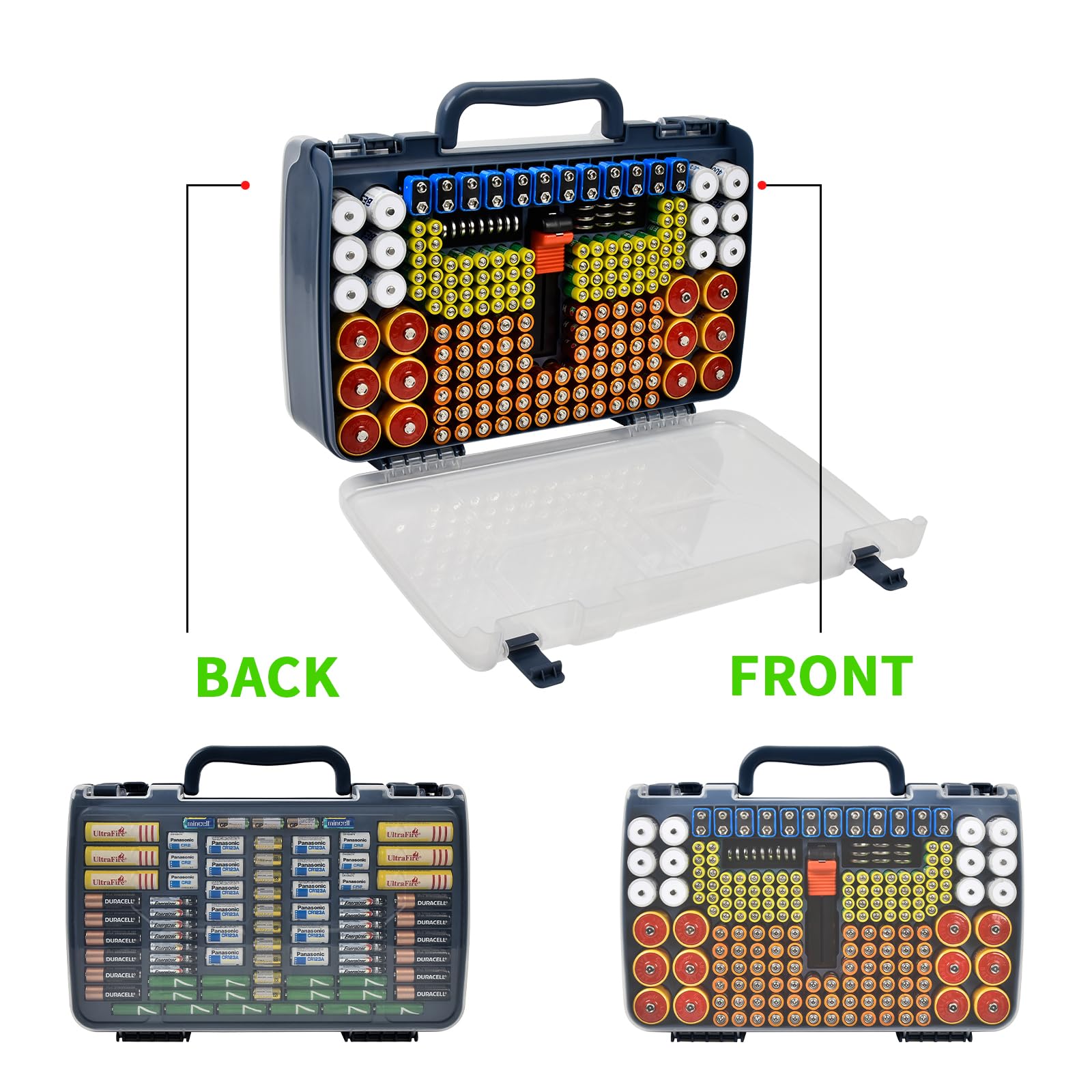 Navy blue 269-slot battery organizer case double-sided front and back storage layout