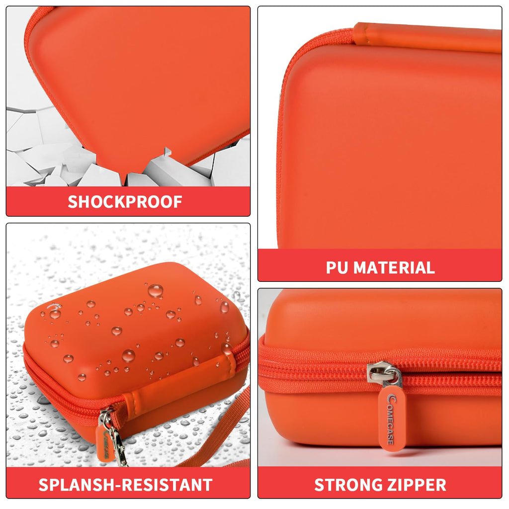 Orange camera case interior with elastic strap, mesh pocket, foam insert, and shock-absorbing padding