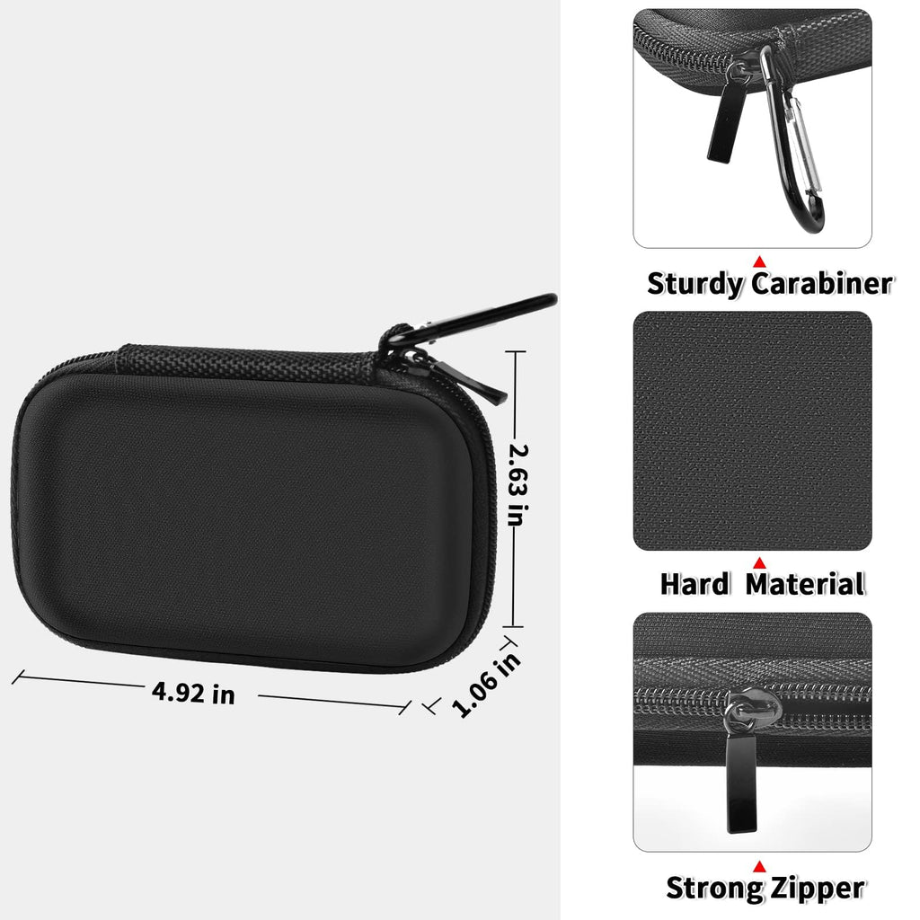 Black portable SSD case dimensions with sturdy carabiner, hard shell, and zipper