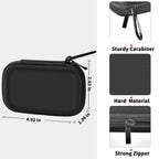 Black portable SSD case dimensions with sturdy carabiner, hard shell, and zipper
