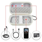 Open white MP3 and MP4 player case with molded padding, mesh pocket, and elastic straps
