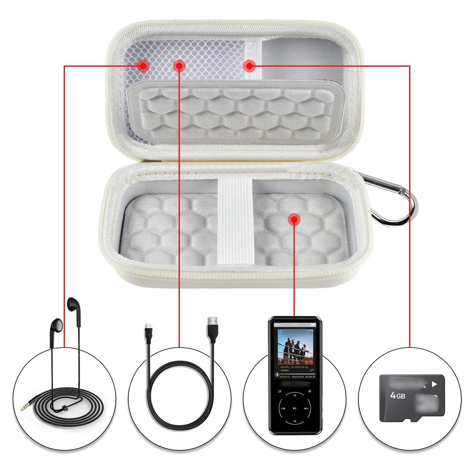 Open white MP3 and MP4 player case with molded padding, mesh pocket, and elastic straps