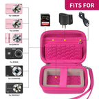 Open magenta compact camera case shown with compatible Kodak, Canon, and Sony cameras