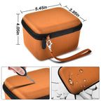 Orange camera case dimensions with scratch, impact, and water-resistant protection