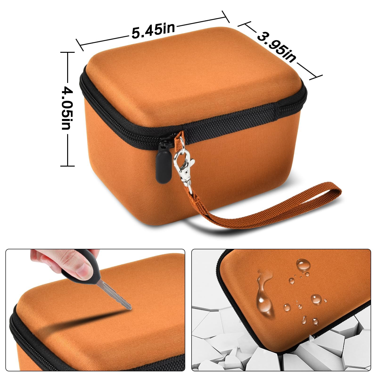 Orange camera case dimensions with scratch, impact, and water-resistant protection