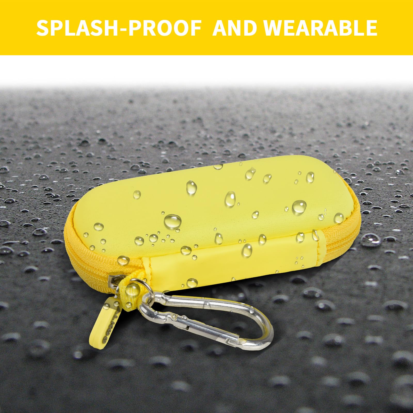 Yellow USB flash drive and SD card storage case splash-resistant exterior demonstration