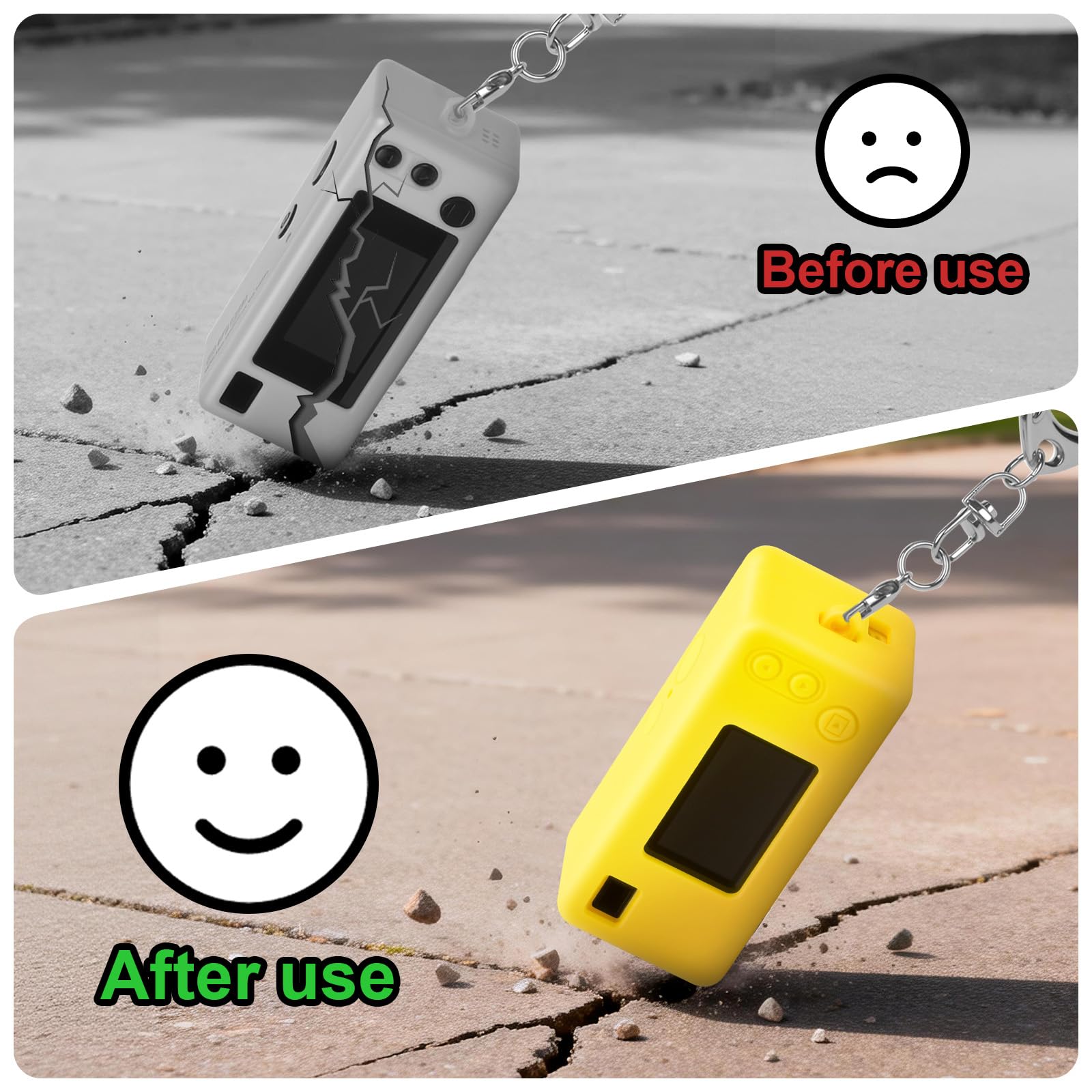 Yellow with retro camera graphic silicone case for Kodak Charmera keychain camera drop-protection demonstration with keychain attached