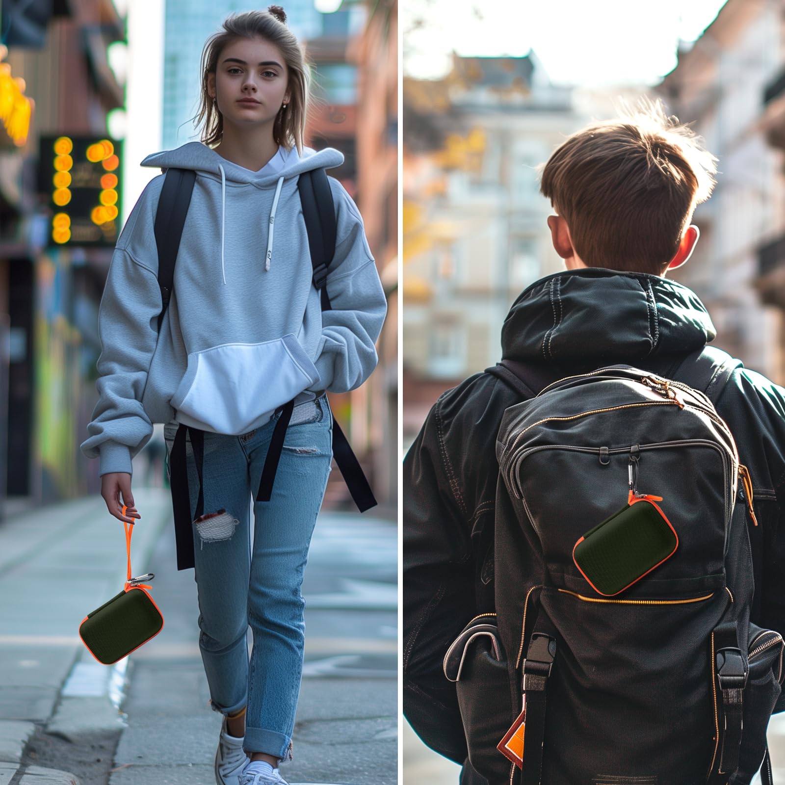 Dark green and orange JBL Go speaker case carried by hand and attached to a backpack