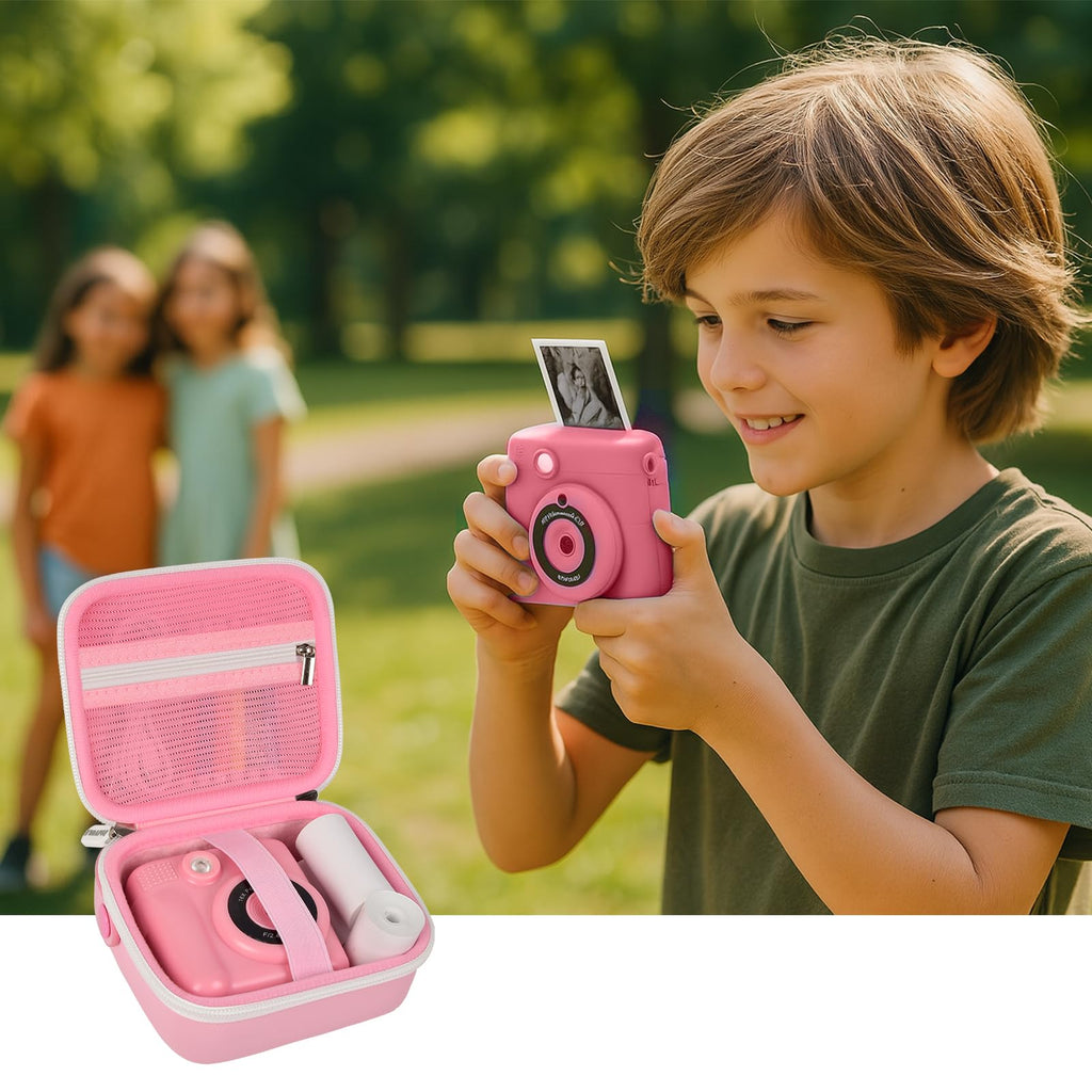 Pink bear-shaped kids instant print camera case shown with a child using a compatible camera