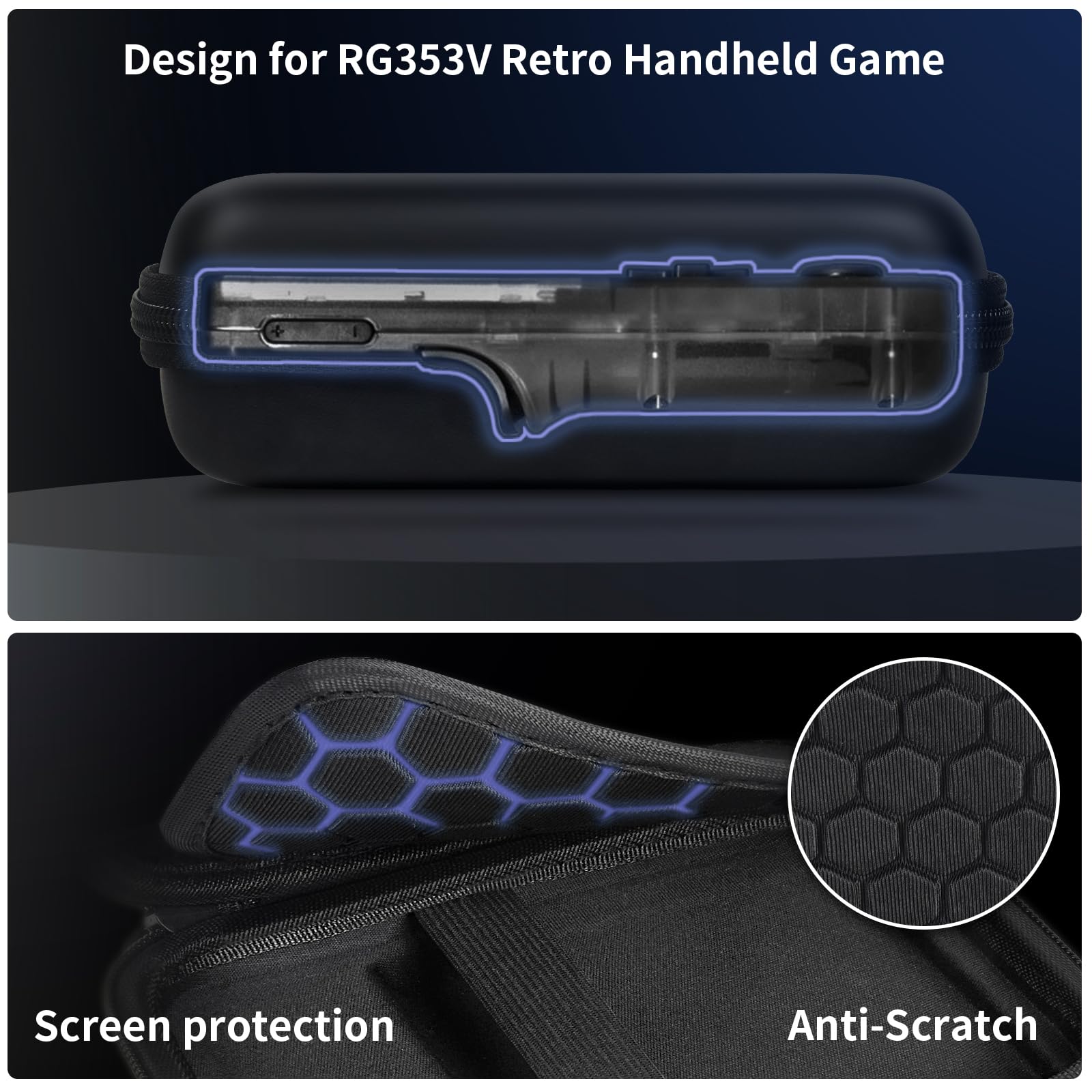 Black retro handheld console carrying case protective molded shell and scratch-resistant lining detail