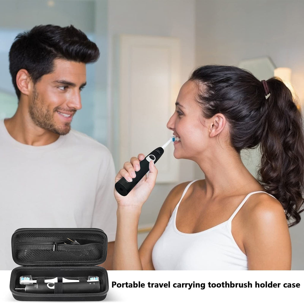 Couple using electric toothbrushes beside the open black travel case
