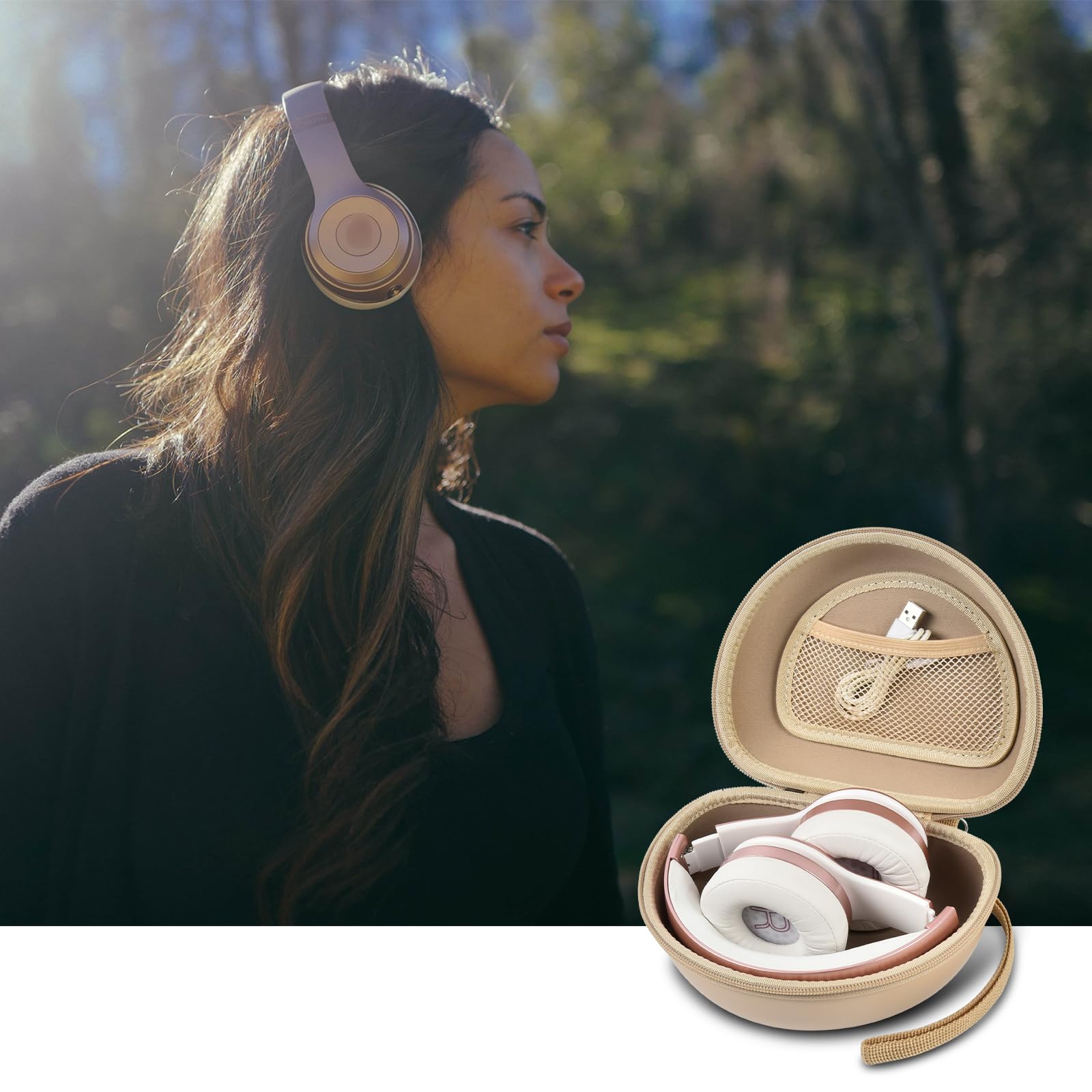 Woman wearing headphones beside an open beige case holding folded headphones
