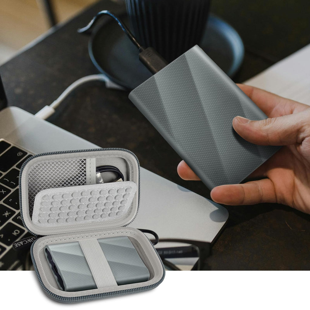 Gray portable SSD case organizing an external drive beside a laptop