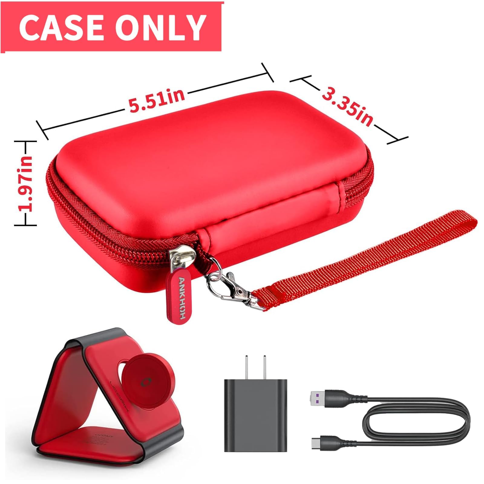 Red 3-in-1 charging station case with dimensions and compatible charging accessories; case only