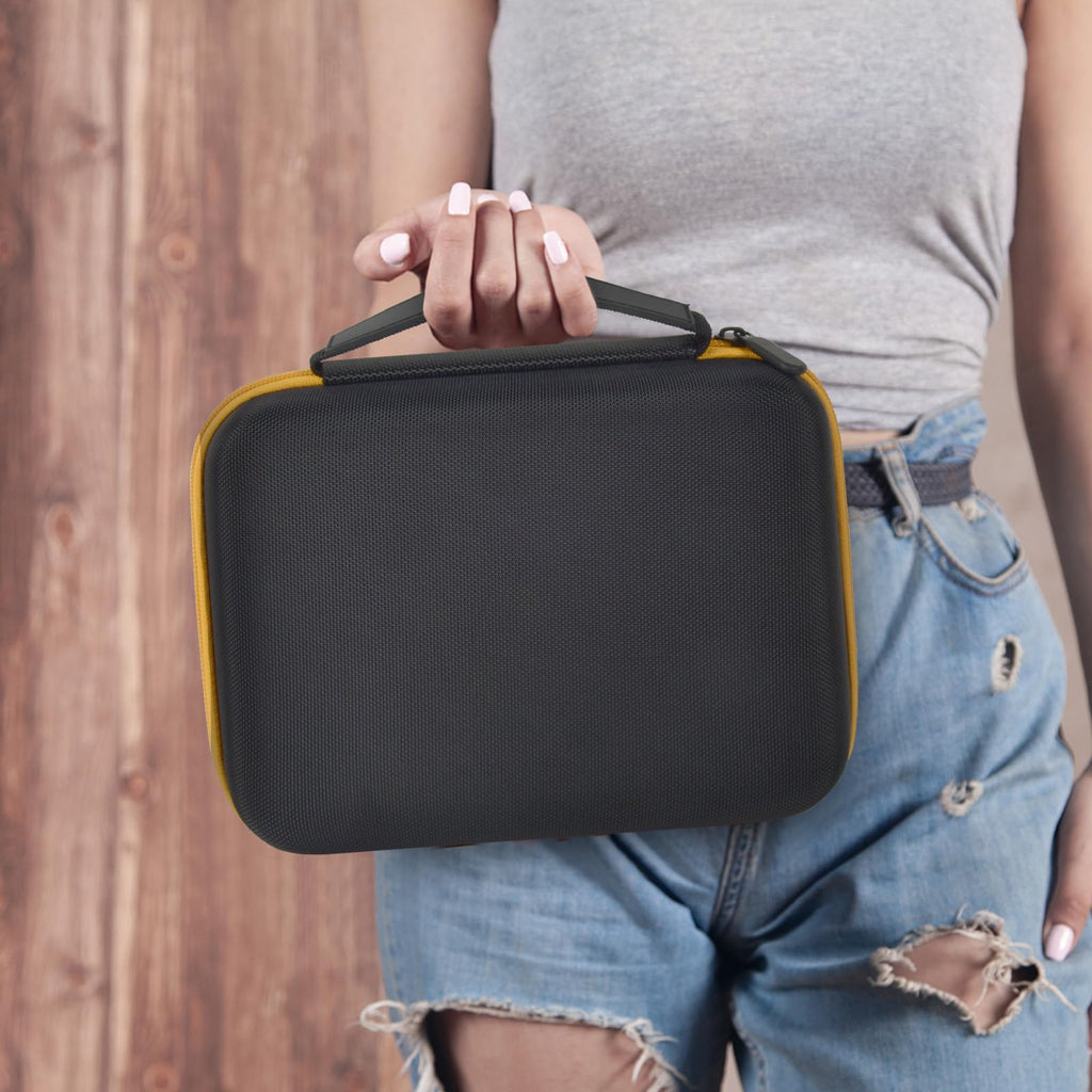 Person carrying the black and yellow label maker case by its handle