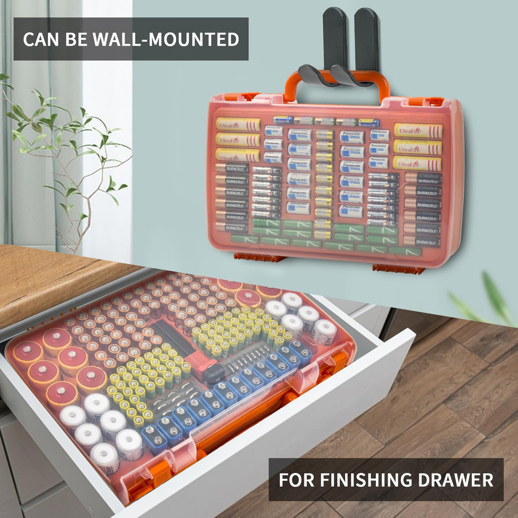 Orange 269-slot battery organizer case wall-mounted and drawer-storage options