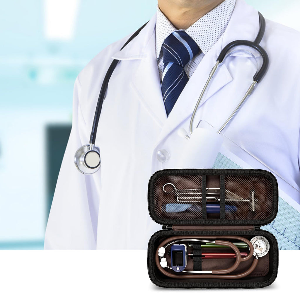 Doctor with an open brown stethoscope organizer case for medical accessories
