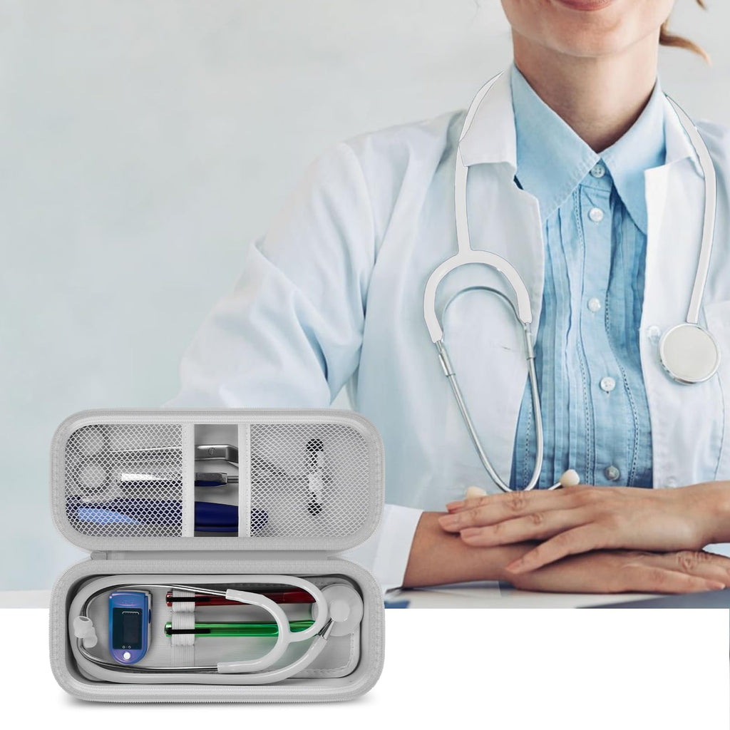 gray stethoscope organizer case open beside a seated healthcare professional