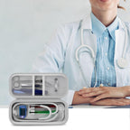 gray stethoscope organizer case open beside a seated healthcare professional