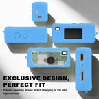 Light blue silicone case for Kodak Charmera keychain camera precise-fit design shown from multiple angles