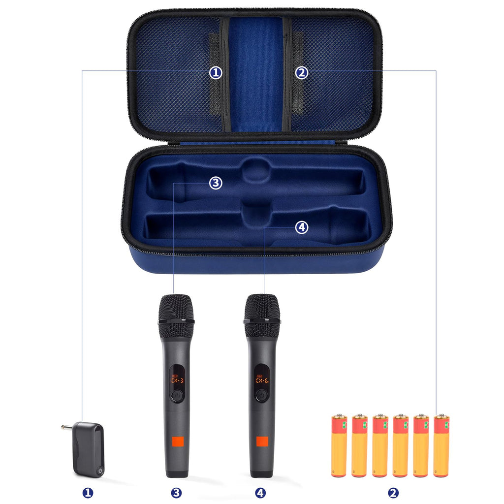 Open navy JBL PartyBox wireless microphone case with dual mic compartments and battery storage